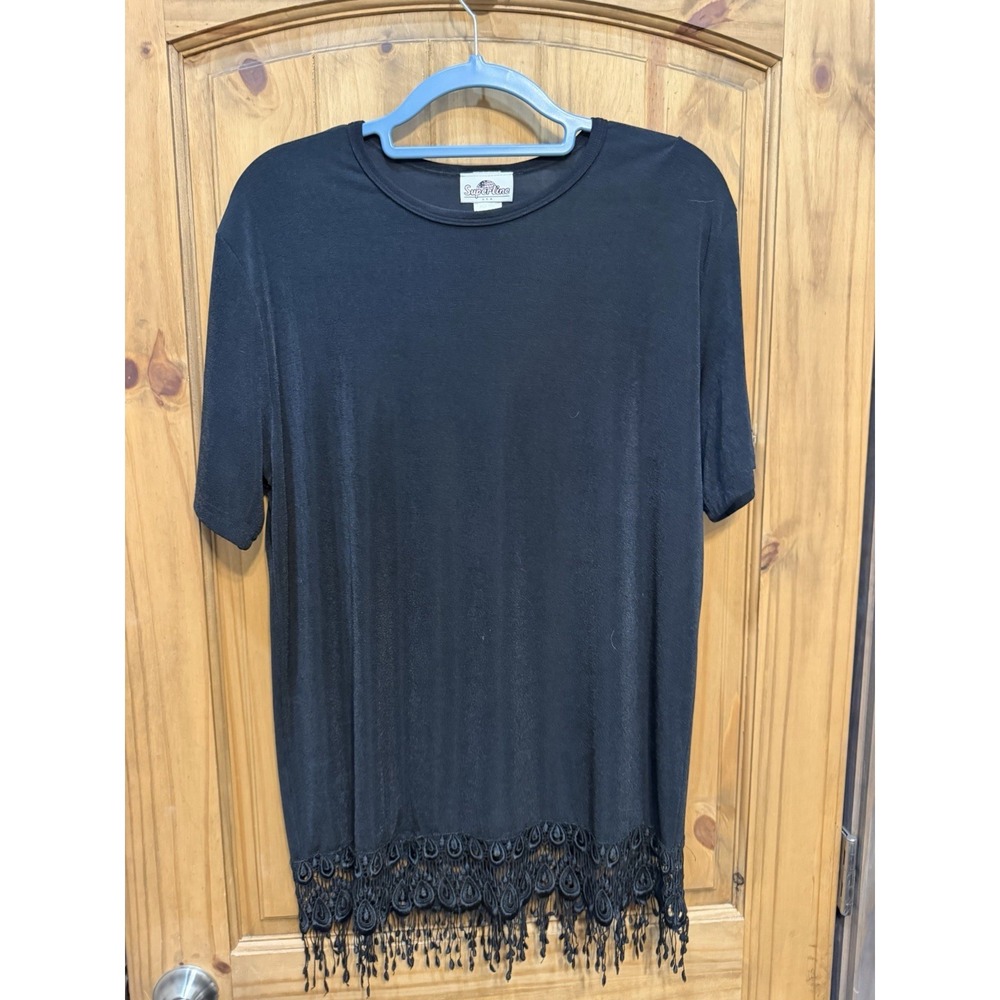 Vintage Superline Black Fringe Hem Top Boho Y2K Festival Goth One Size